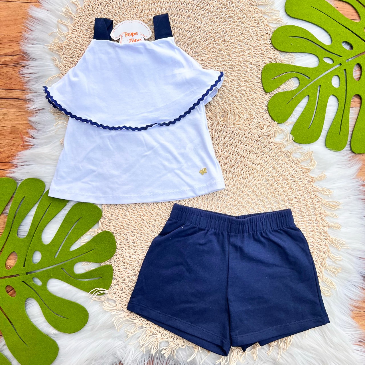 Conj. Regata com Babadinho e Short - Branco e Marinho